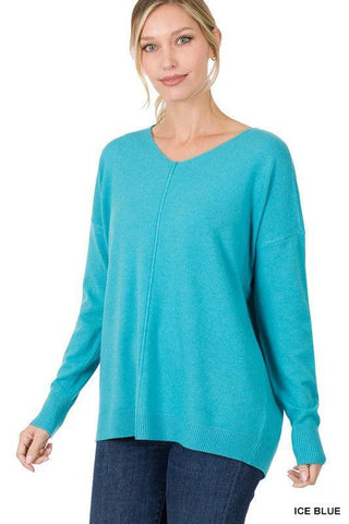 Zenana Hi-Low Garment Dyed V-Neck Front Seam Sweater
