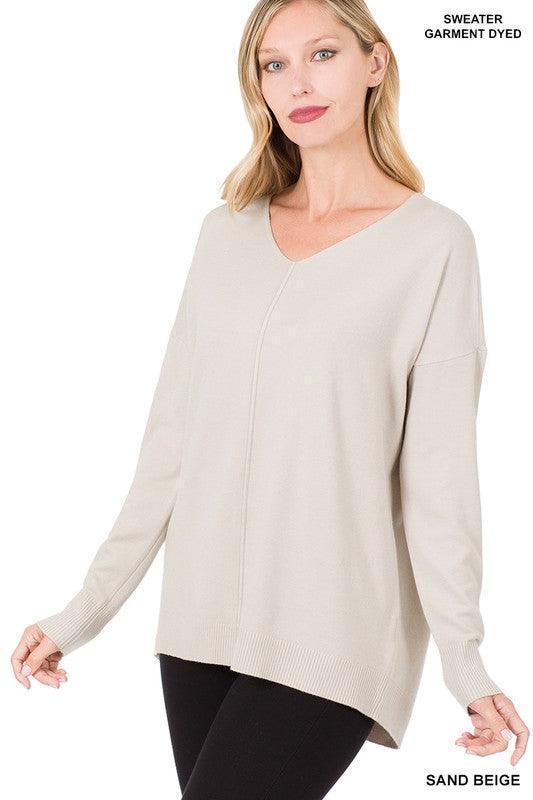 Zenana Hi-Low Garment Dyed V-Neck Front Seam Sweater