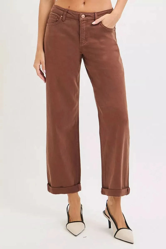 RISEN Full Size Tummy Control Mid Rise Ankle Barrel Baggy Plus Size in COCOA - photo