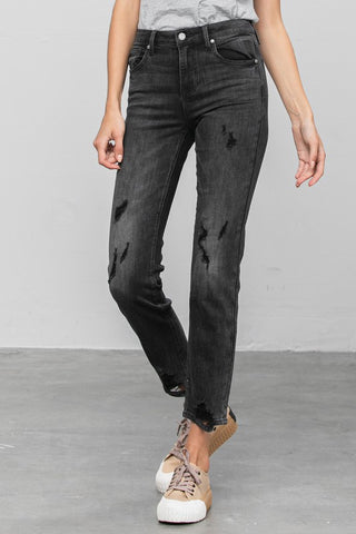 Mid Rise Distressed Straight Jeans in BLACK - photo