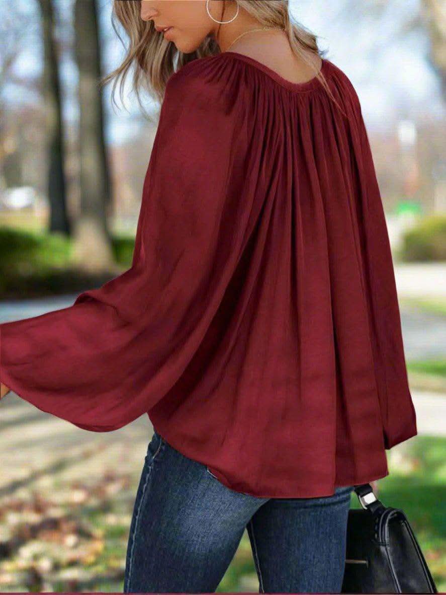 Ruched Tie Neck Balloon Sleeve Blouse - SwagglyLife Home & Fashion