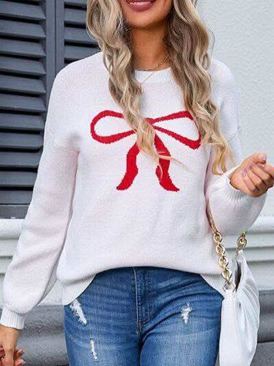 Angel Wings Bow Graphic Round Neck Long Sleeve Sweater in White - photo