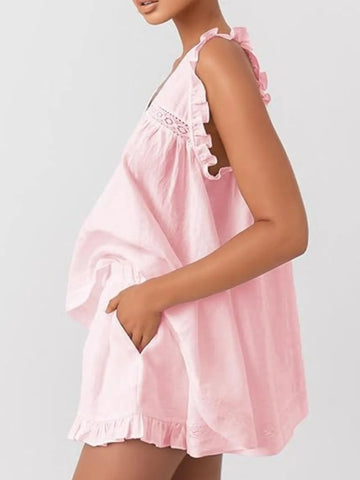 Ruffled V-Neck Top and Shorts Set - SwagglyLife Home & Fashion