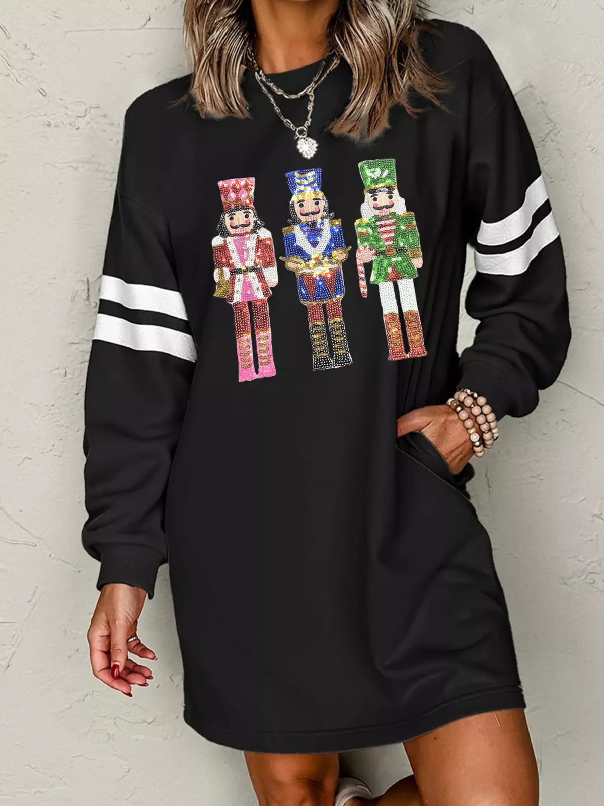 Christmas Sequin Nutcracker-man Graphic Varsity Striped Sleeve Sweatshirt Dress in Black - photo