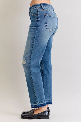 Judy Blue Full Size Mid Rise Bf Patch & Repair Destroy Release Hem Jeans Plus Size in - photo