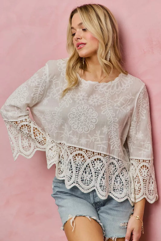 SO ME Floral Embroidered Crochet Lace Trimmed Top in - photo