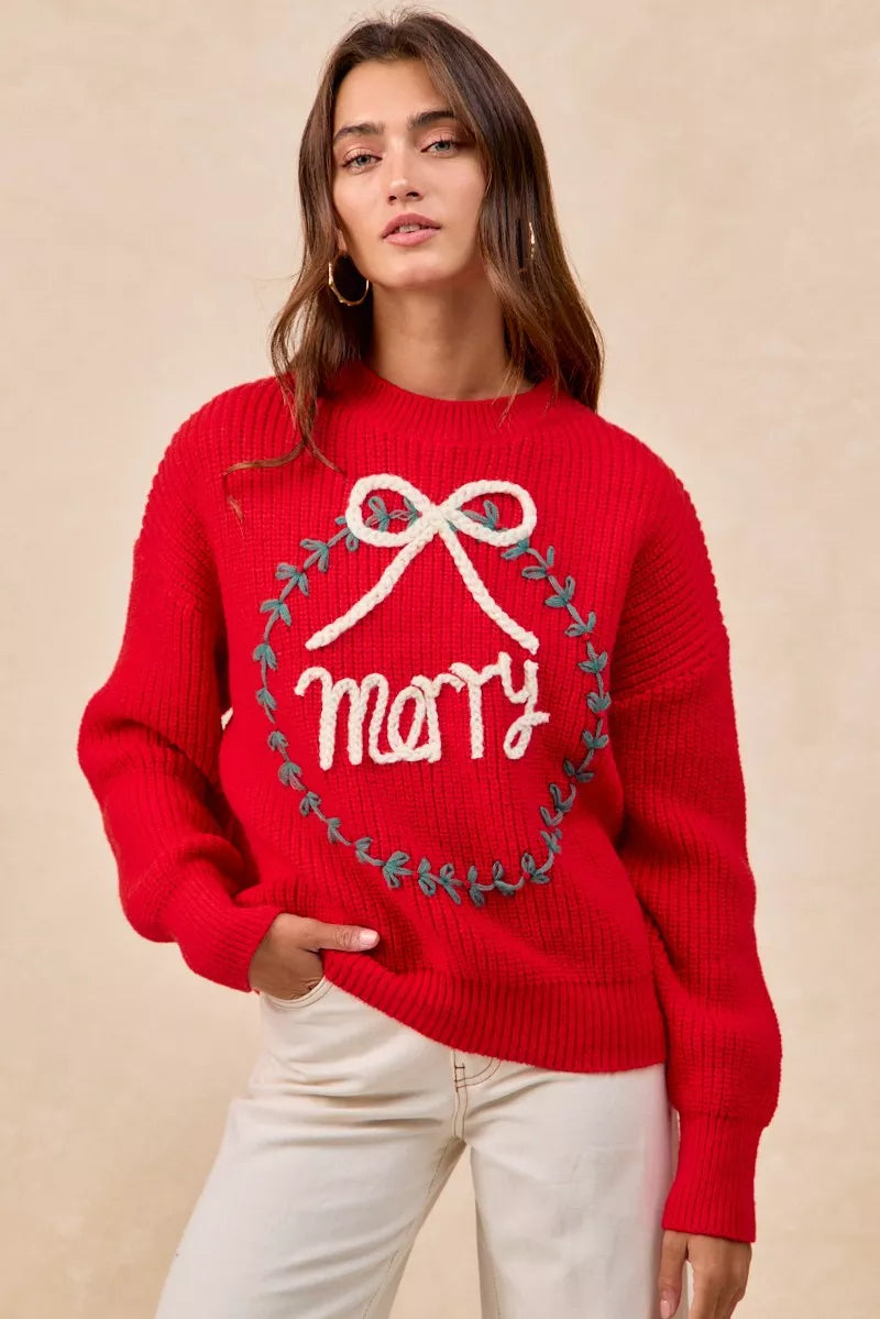 BiBi Christmas Wreath Merry Letter Knit Top in - photo