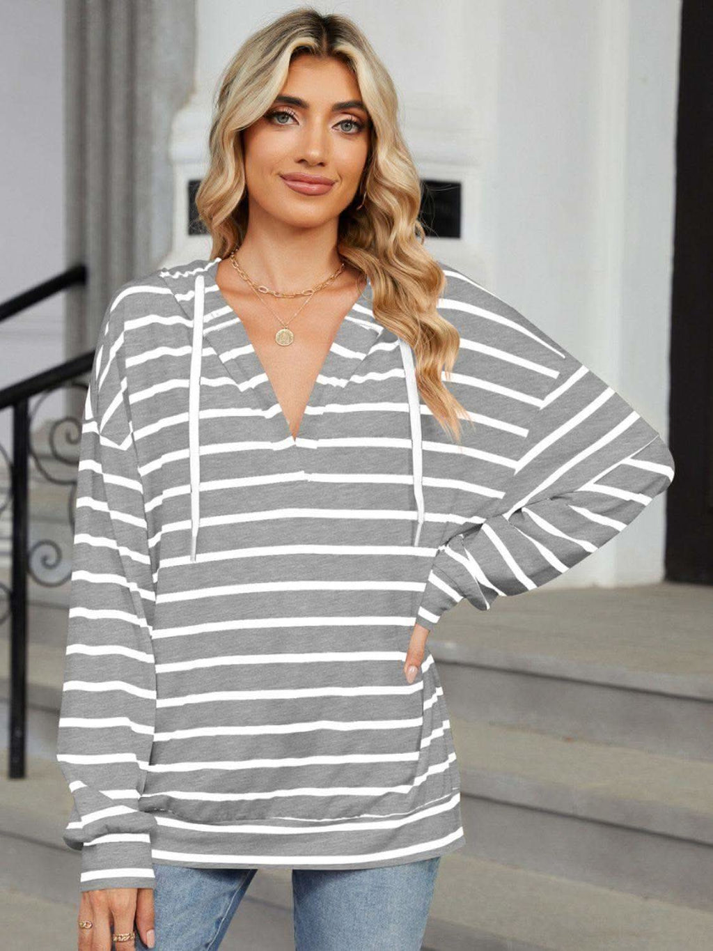 Drawstring Striped Long Sleeve Hoodie - SwagglyLife Home & Fashion