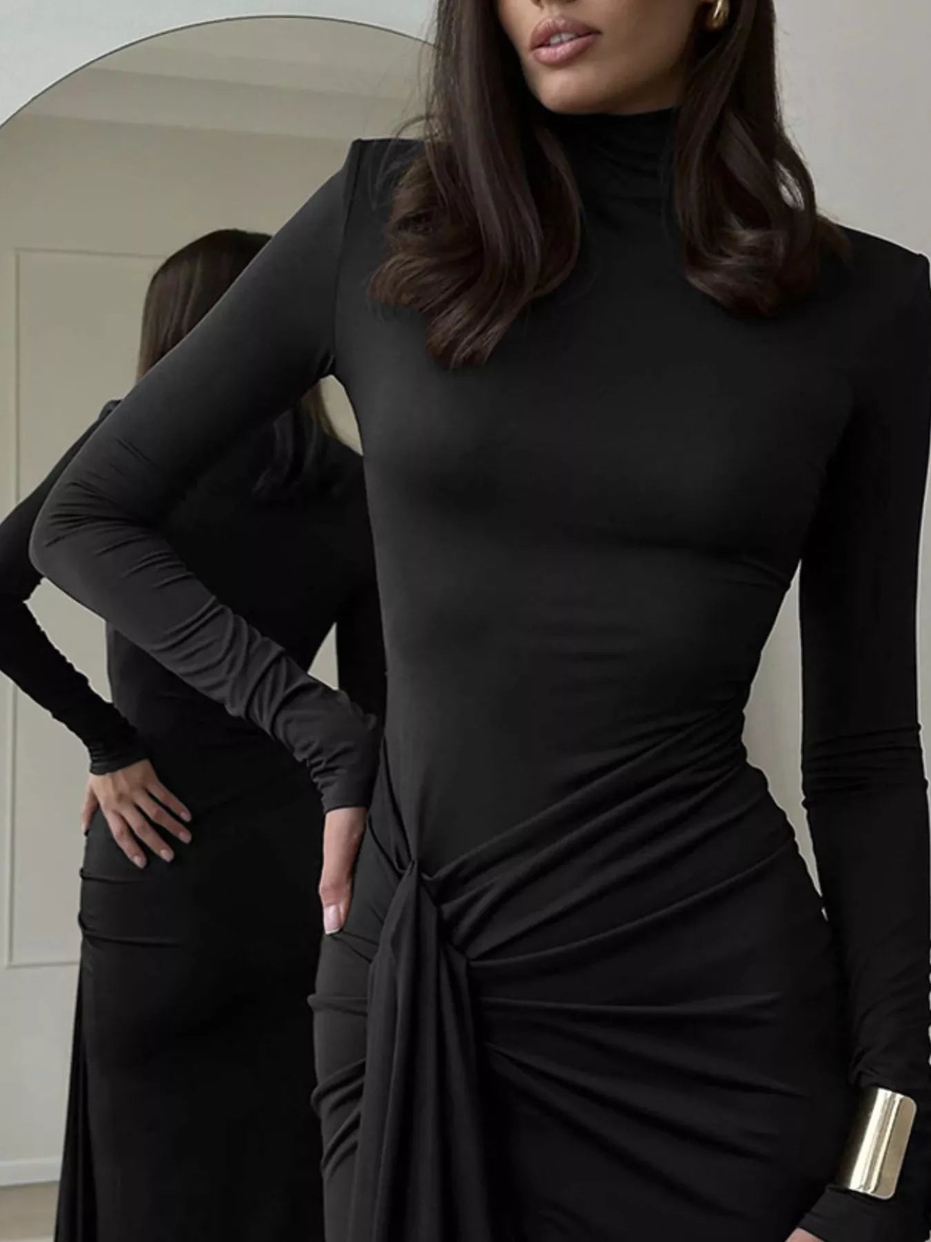 Turtleneck Long Sleeve Slit Maxi Dress in Black - photo