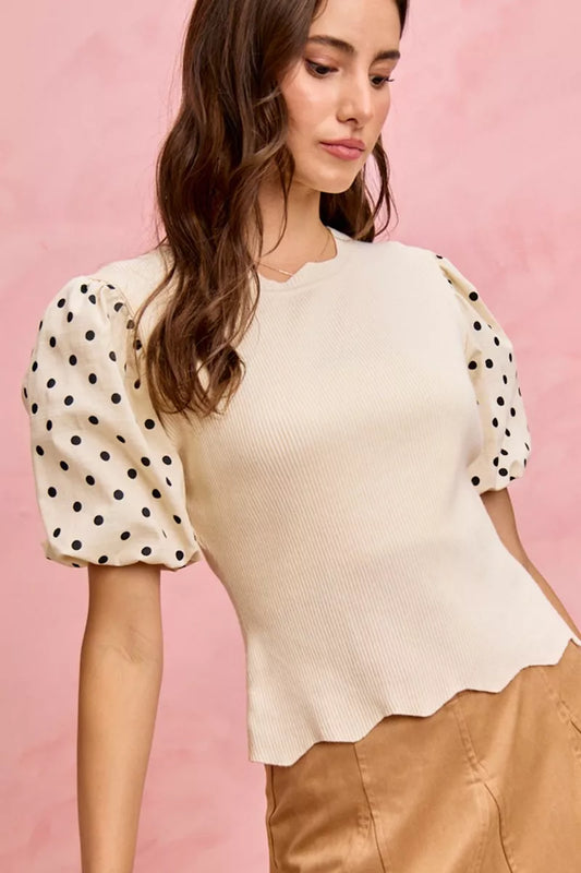 SO ME Polka Dot Contrast Woven Ballon Sleeve Blouse in - photo