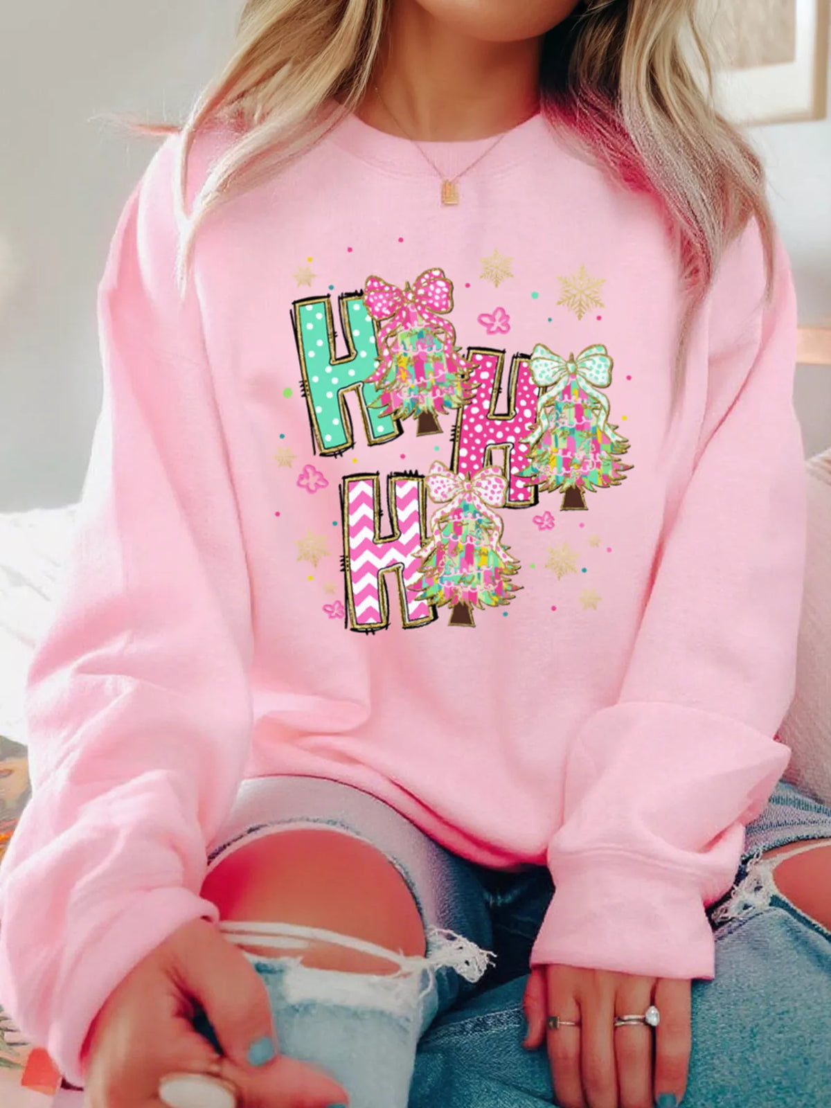 HO HO HO Christmas Tree Graphic Pullover Sweatshirt in Blush Pink - photo