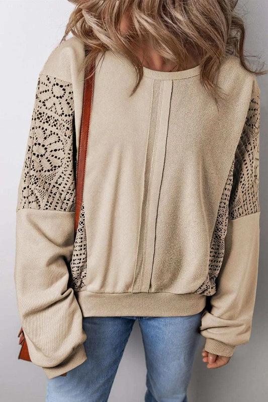 Openwork Round Neck Long Sleeve Sweatshirt in Tan XL - photo
