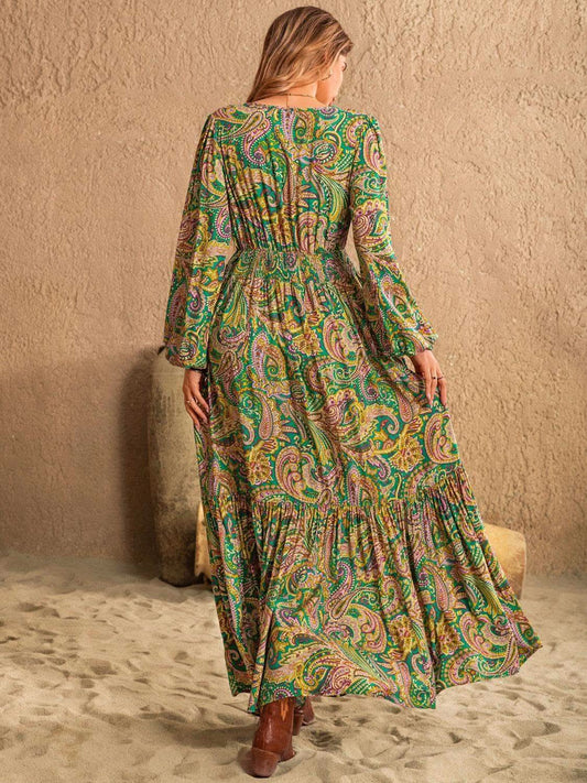 Printed Tie Neck Long Sleeve Dress in - photo