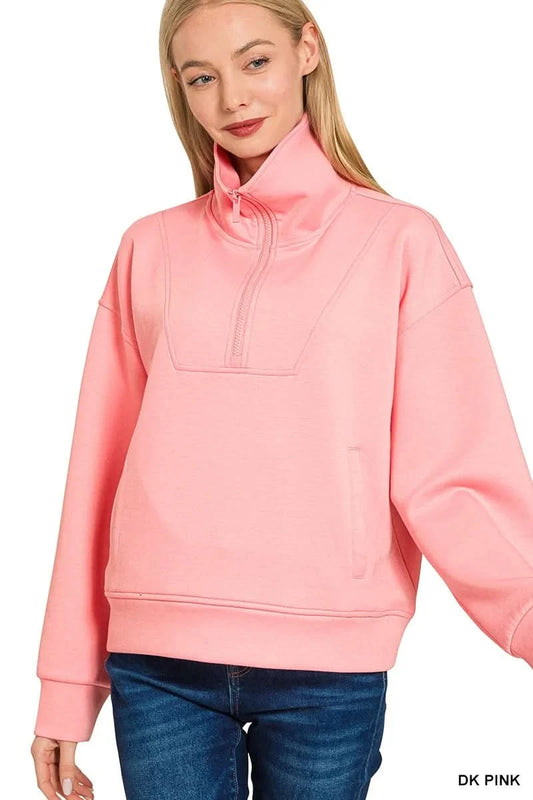 Zenana Scuba Half Zip Sweatshirt with Pockets in DK PINK - photo