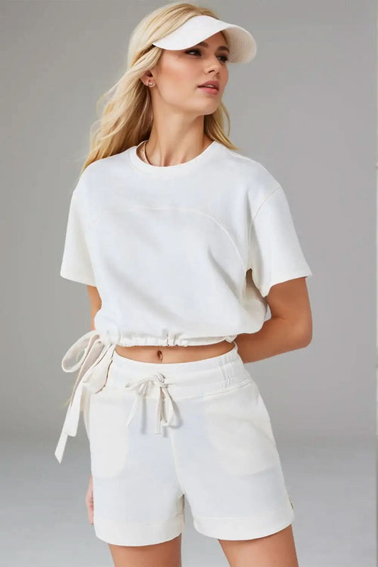 Basic Bae Drawstring Hem Air Scuba Round Neck Short Sleeve T-Shirt in - Tops photo