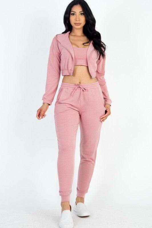 Cropped Cami with Zip-up Jacket and Joggers Set - SwagglyLife Home & Fashion