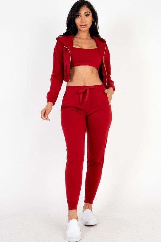 Cropped Cami with Zip-up Jacket and Joggers Set - SwagglyLife Home & Fashion