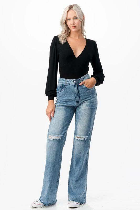 Romantic V-Neck Balloon Sleeve Tie-Back Bodysuit in - Bodysuits photo