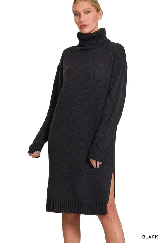 Zenana Turtle Neck Long Sleeve Midi Sweater Dress in BLACK - photo