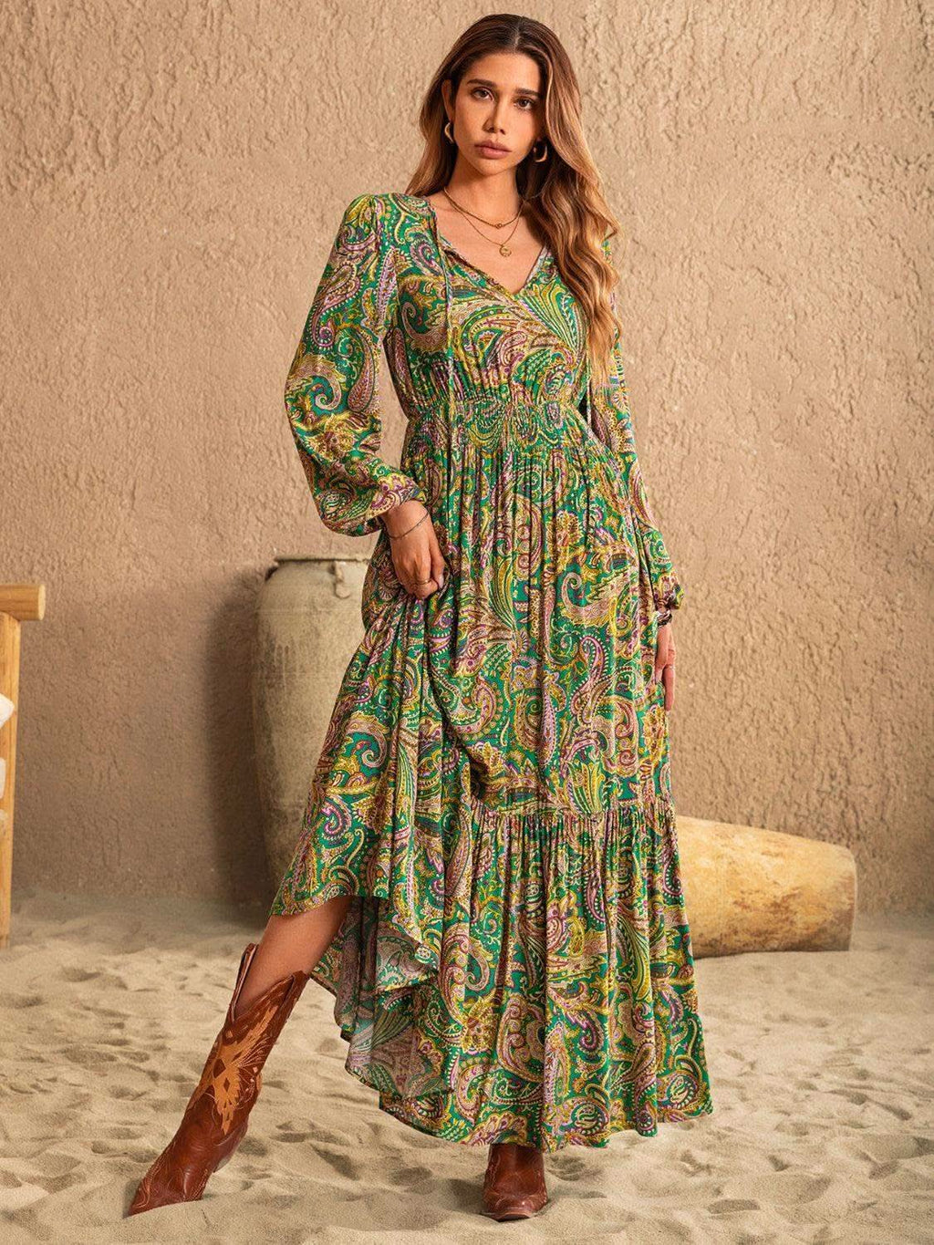 Printed Tie Neck Long Sleeve Dress - SwagglyLife Home & Fashion