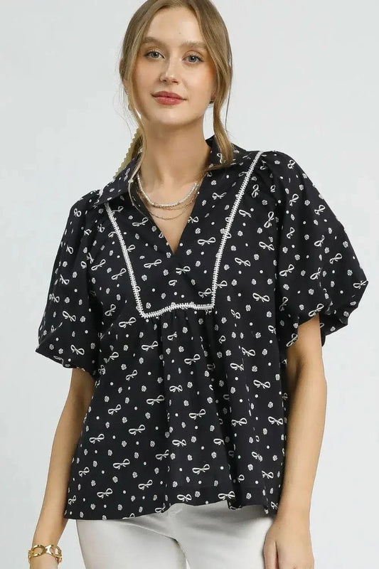 Umgee Bow Print Puff Sleeve Blouse in Black - photo