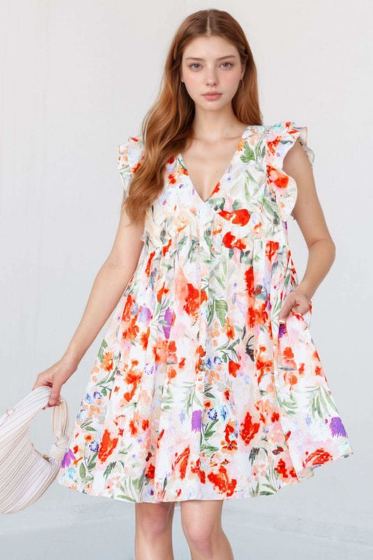 Floral Double Ruffle Sleeve V Neck Mini Dress in - Dresses photo