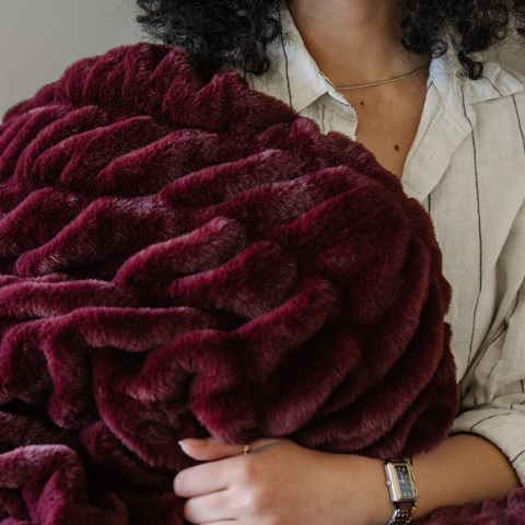 Saranoni Double Ruched Faux Fur Throw Blankets in Royale - photo