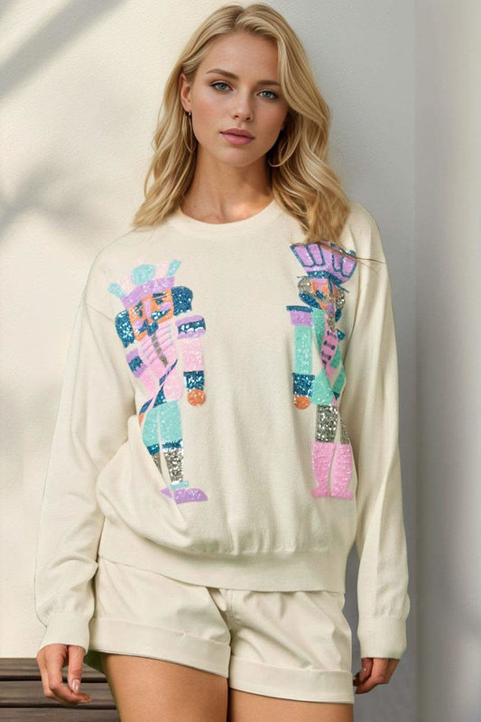 Double Take Full Size Sequin Nutcracker Long Sleeve Sweater in Cream - photo