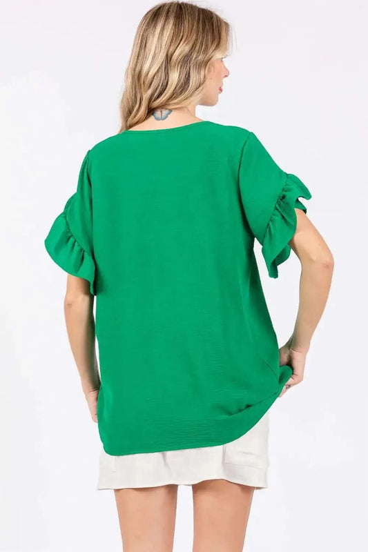 GeeGee Ruffled Short Sleeve V-Neck Blouse in - photo