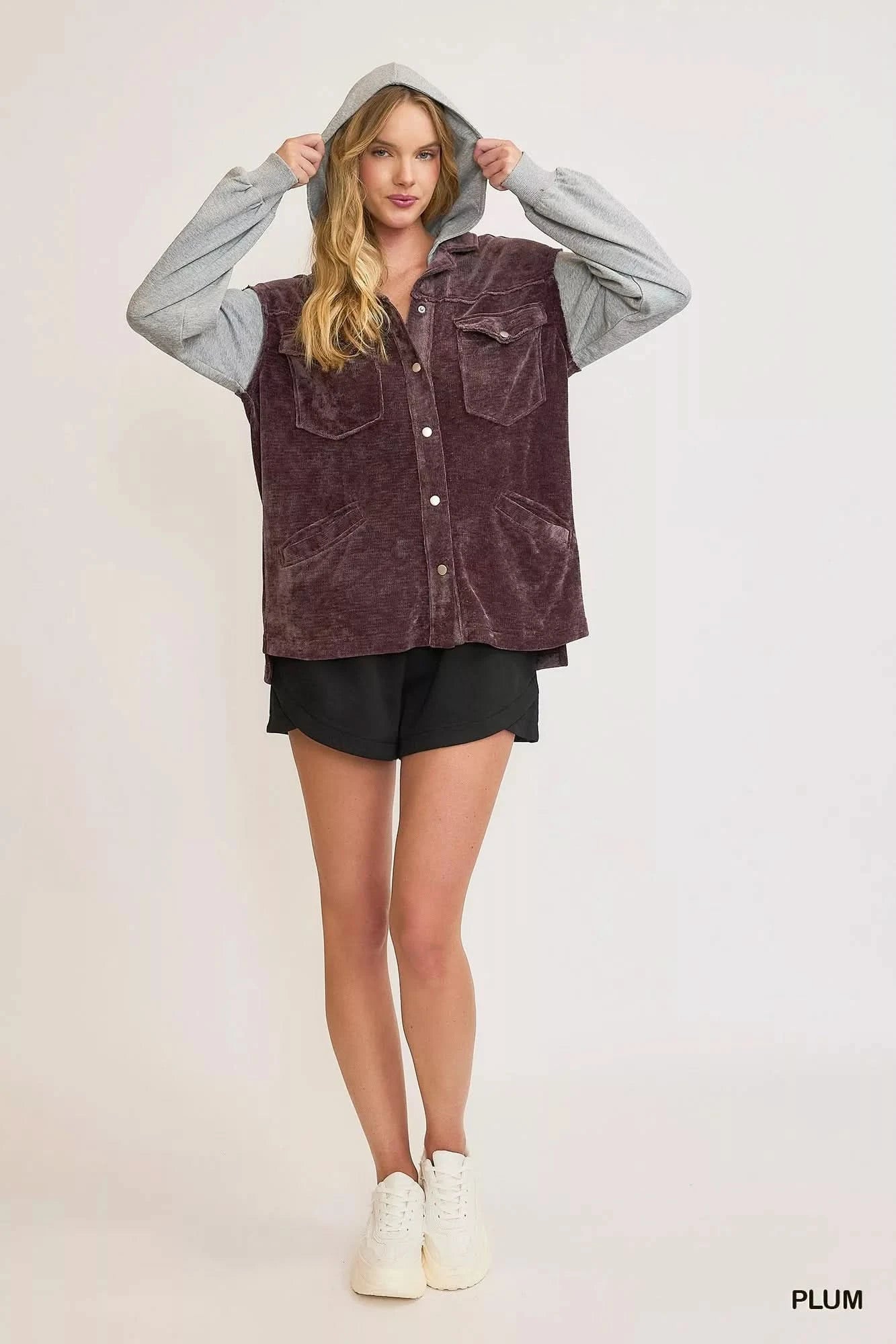 Umgee Contrast Hooded Chenille Jacket in - photo