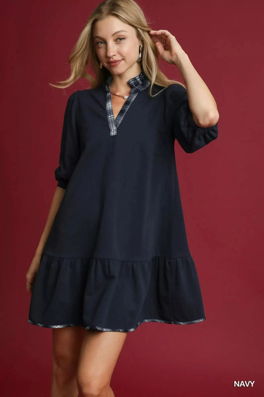 Umgee French Terry Ruffle Hem Dress with Plaid Trim in Navy - photo