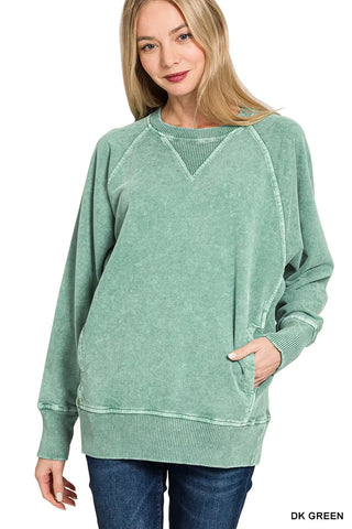 Zenana Halo Snow Washed French Terry Round Neck Sweatshirt - SwagglyLife Home & Fashion