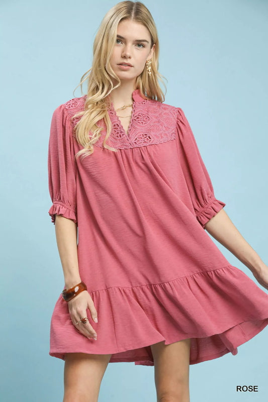 Umgee Lace Yoke Tiered Mini Dress in ROSE - photo