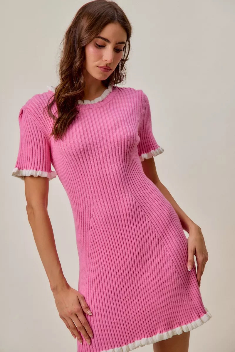 SO ME Contrast Ruffled Sweater Knit Mini Dress in - photo
