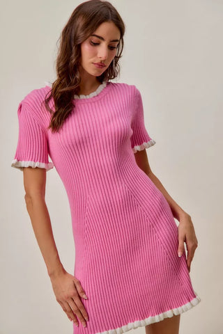SO ME Contrast Ruffled Sweater Knit Mini Dress in - photo