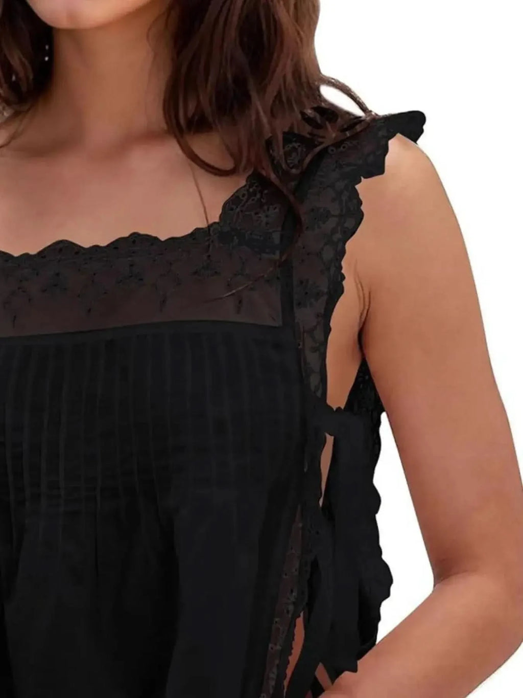 Lace-Trimmed Eyelet Square Neck Top - SwagglyLife Home & Fashion