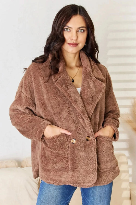Culture Code Double Breasted Fuzzy Coat in New Taupe - photo