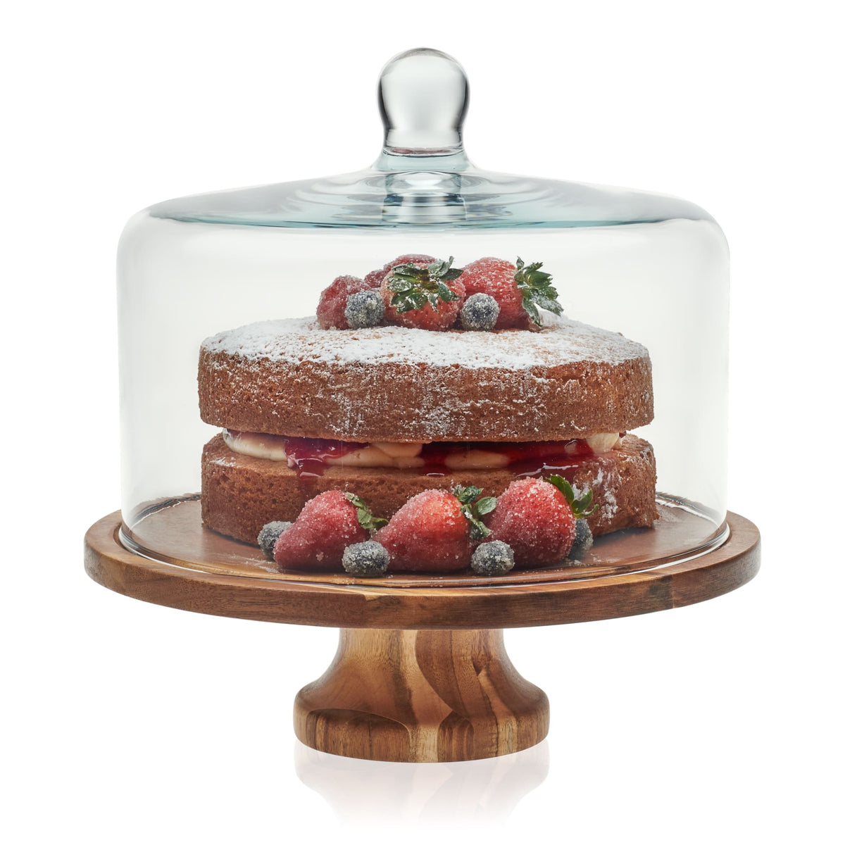 Libbey Acaciawood Footed Round Wood Server Cake Stand with Glass Dome in - Serveware photo
