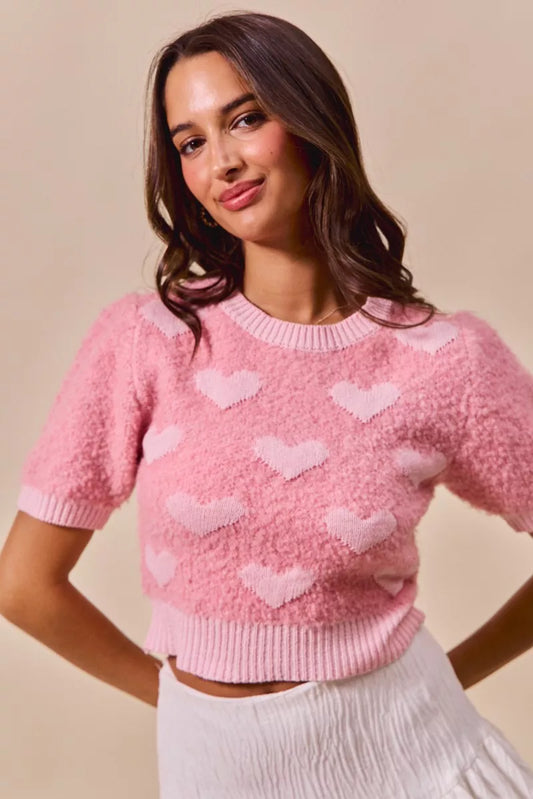 SO ME All Over Heart Valentine Cropped Sweater in PINK BLUSH - photo
