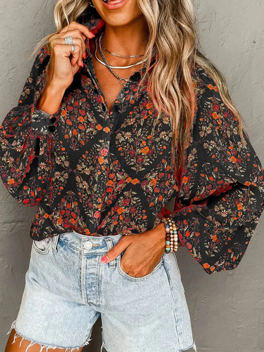 Floral Print Lantern Sleeve Loose Shirt in Black - photo