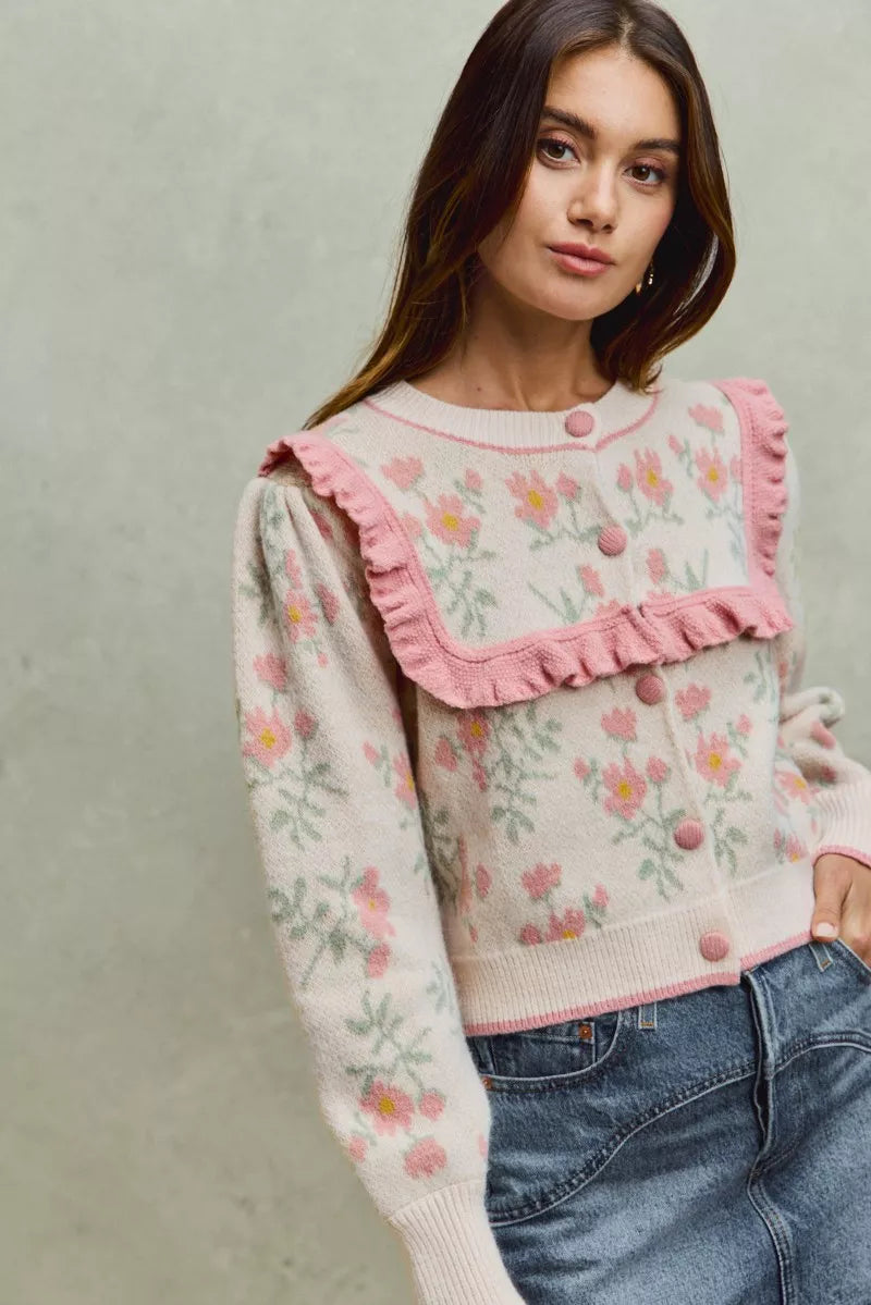 SO ME Flower With Ruffle Detailing Sweater Cardigan in - photo