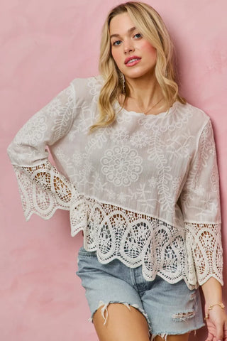 SO ME Floral Embroidered Crochet Lace Trimmed Top in - photo