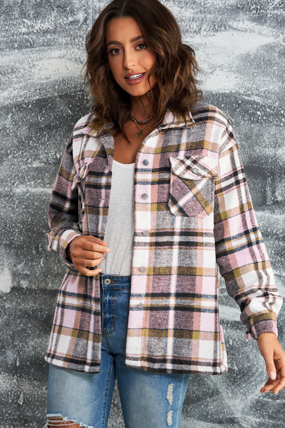 Plaid Button Front Shirt Jacket with Breast Pockets in - photo