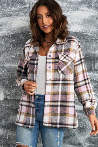 Plaid Button Front Shirt Jacket with Breast Pockets in - photo