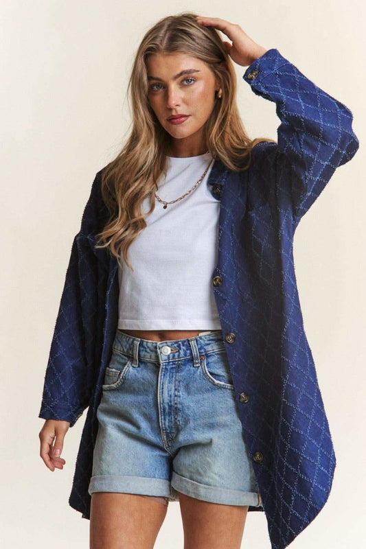 J.NNA Rhombus Stitched Button Up Denim Shacket in Dark Denim - shacket photo