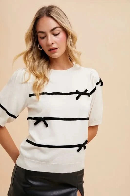 Annie Wear Striped Bow Round Neck Knit Top in White - photo