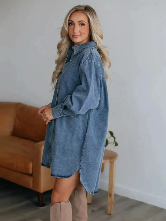 Button Up Collared Neck Long Sleeve Denim Dress in - photo