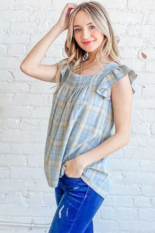 And The Why Plaid Print Smocked Detail Ruffle Baby Doll Top in - photo