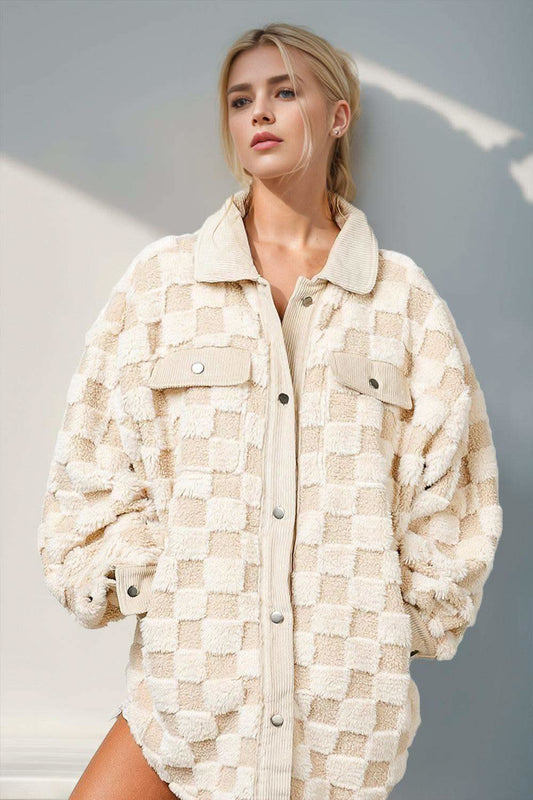 Double Take Button Up Fuzzy Checkered Shacket in Cream - Shackets photo