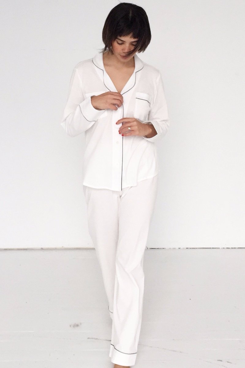 Classic Luxury Pajamas in Brushed Pima Cotton in White Navy - PAJAMAS photo